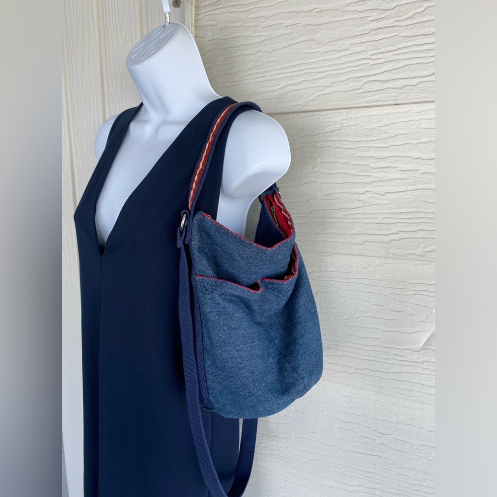 dark denim cross body and shoulder carry bag